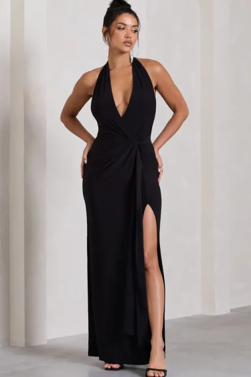 Tabloid Talk | Black Plunge Halter-Neck Maxi Dress With Twisted Drape