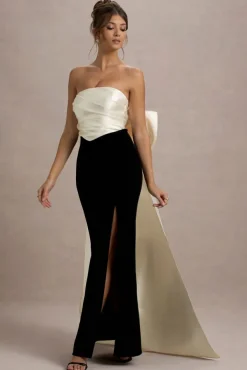 Take A Bow | Black u0026 Cream Velvet Strapless Maxi Dress With Oversized Bow