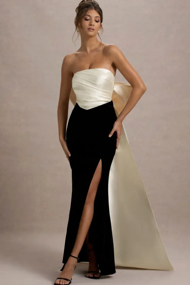 Take A Bow | Black u0026 Cream Velvet Strapless Maxi Dress With Oversized Bow