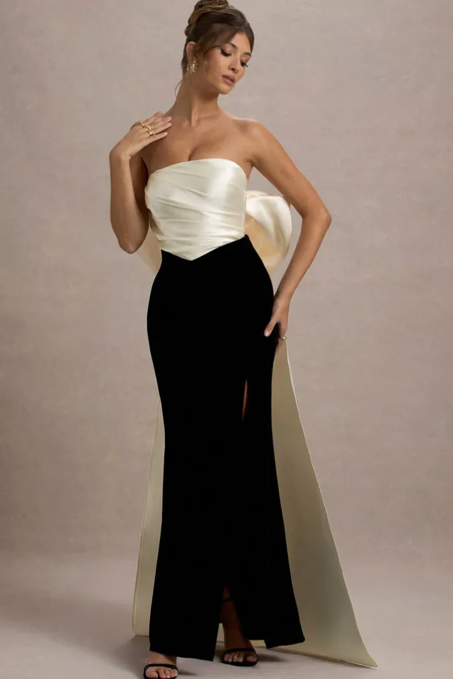 Take A Bow | Black u0026 Cream Velvet Strapless Maxi Dress With Oversized Bow