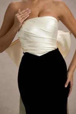 Take A Bow | Black u0026 Cream Velvet Strapless Maxi Dress With Oversized Bow