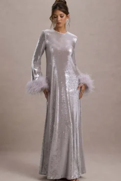 Tallie | Lilac Sequin Maxi Dress With Feather Trim