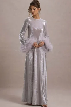 Tallie | Lilac Sequin Maxi Dress With Feather Trim