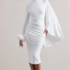 Tamika | White High-Neck Cape-Sleeve Midi Dress With Feathers