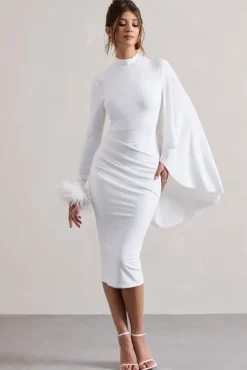 Tamika | White High-Neck Cape-Sleeve Midi Dress With Feathers
