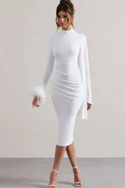 Tamika | White High-Neck Cape-Sleeve Midi Dress With Feathers