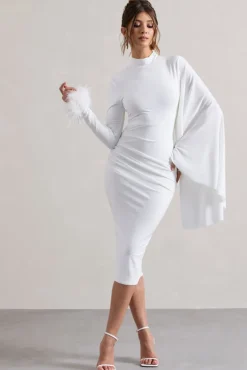 Tamika | White High-Neck Cape-Sleeve Midi Dress With Feathers