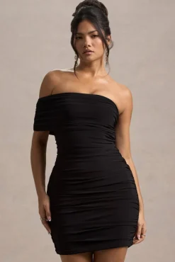 Tampa | Black Ruched Asymmetric Bardot Mini Dress