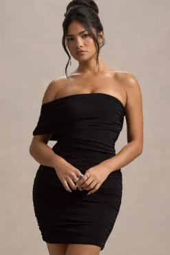 Tampa | Black Ruched Asymmetric Bardot Mini Dress