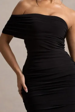 Tampa | Black Ruched Asymmetric Bardot Mini Dress