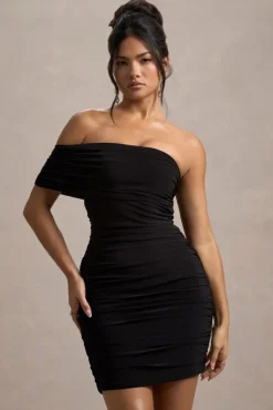 Tampa | Black Ruched Asymmetric Bardot Mini Dress