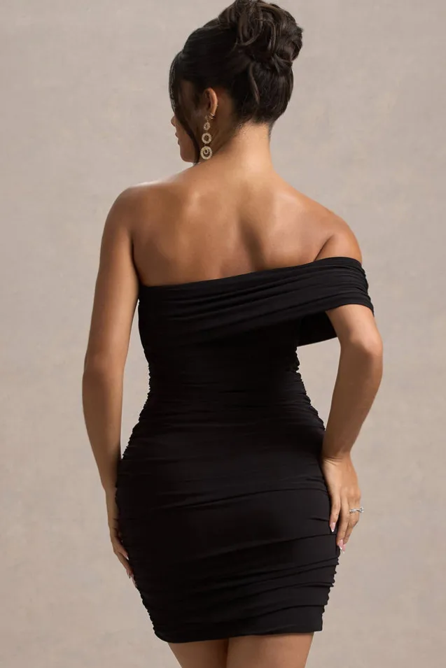 Tampa | Black Ruched Asymmetric Bardot Mini Dress