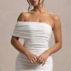 Tampa | White Ruched Asymmetric Bardot Mini Dress