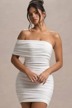 Tampa | White Ruched Asymmetric Bardot Mini Dress