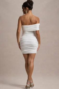 Tampa | White Ruched Asymmetric Bardot Mini Dress