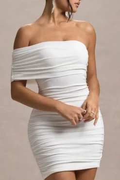 Tampa | White Ruched Asymmetric Bardot Mini Dress