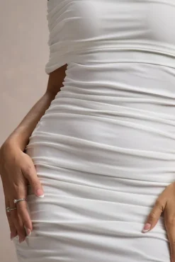 Tampa | White Ruched Asymmetric Bardot Mini Dress