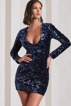 Tantalise | Navy Sequin Plunge-Neck Long-Sleeve Mini Dress