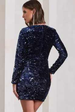 Tantalise | Navy Sequin Plunge-Neck Long-Sleeve Mini Dress