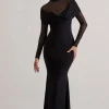 Tasha | Black Mesh High-Neck Long-Sleeve Maxi Dress