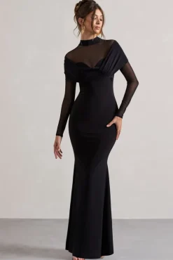 Tasha | Black Mesh High-Neck Long-Sleeve Maxi Dress