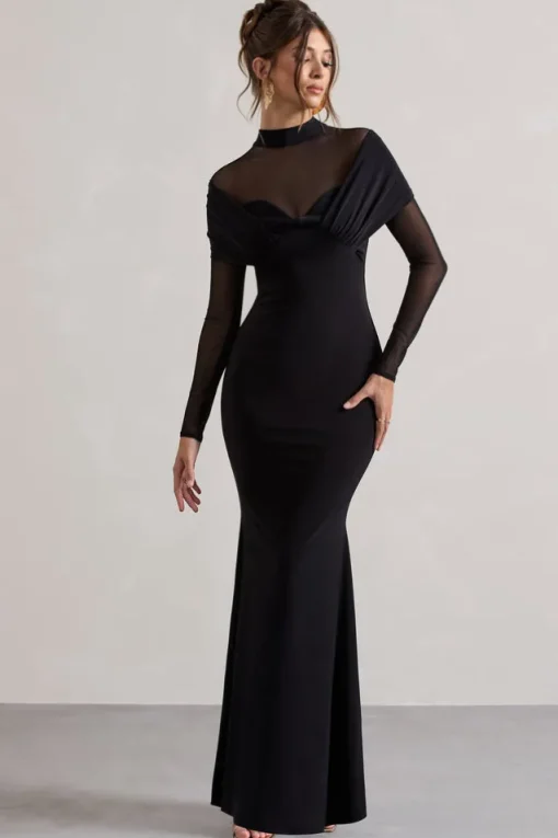 Tasha | Black Mesh High-Neck Long-Sleeve Maxi Dress