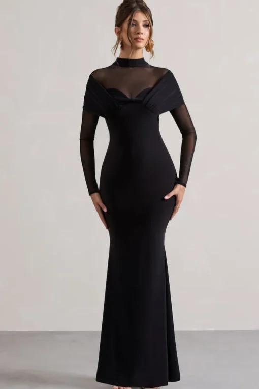 Tasha | Black Mesh High-Neck Long-Sleeve Maxi Dress