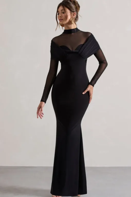 Tasha | Black Mesh High-Neck Long-Sleeve Maxi Dress