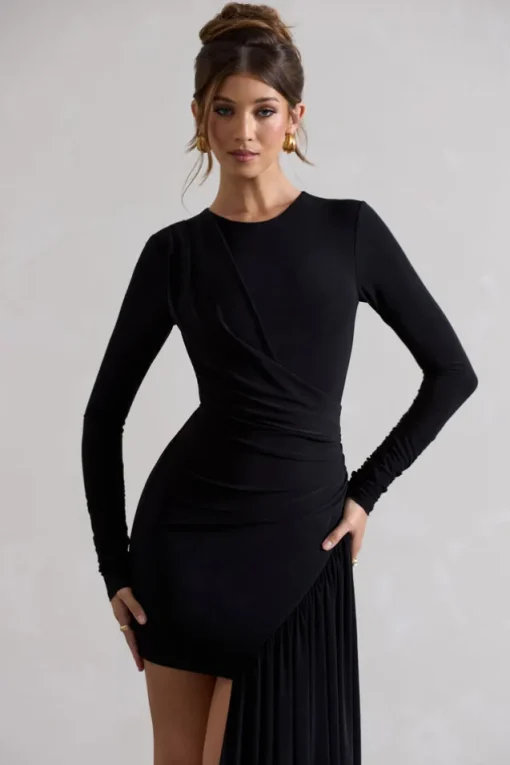 Tate | Black Long-Sleeve Wrap Mini Dress With Drape