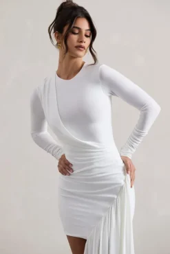 Tate | White Long-Sleeve Wrap Mini Dress With Drape