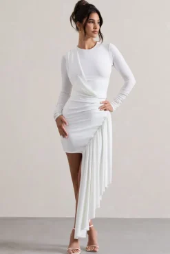 Tate | White Long-Sleeve Wrap Mini Dress With Drape