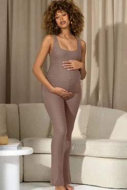 Teagan | Mocha Square-Neck Slim-Leg Maternity Jumpsuit