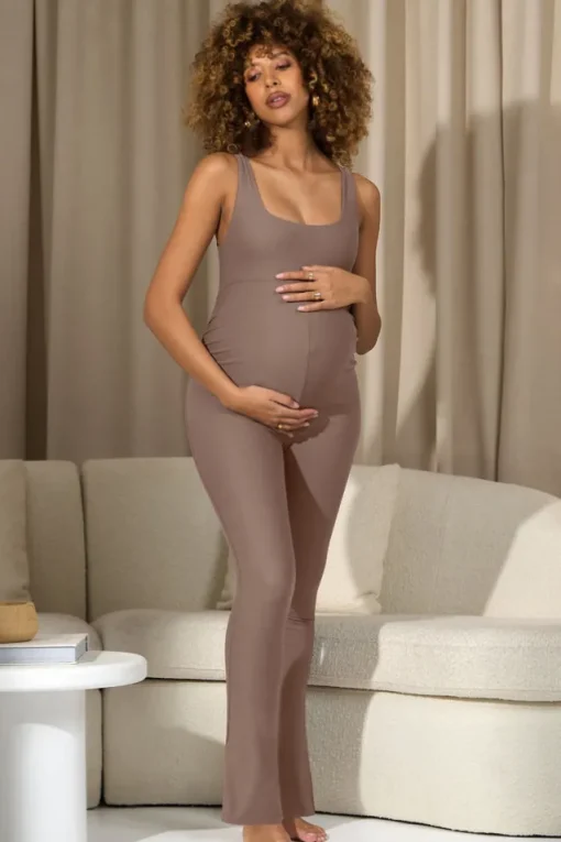 Teagan | Mocha Square-Neck Slim-Leg Maternity Jumpsuit