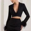Tempting | Black Cropped Blazer With Feather Trim