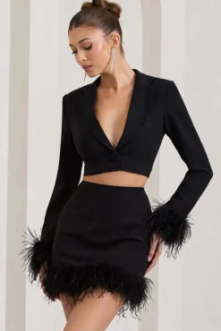 Tempting | Black Cropped Blazer With Feather Trim