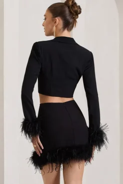 Tempting | Black Cropped Blazer With Feather Trim