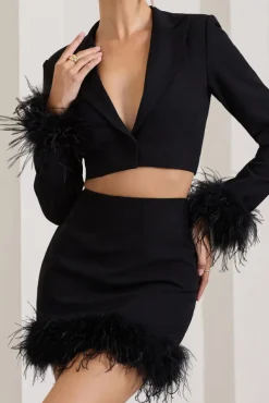 Tempting | Black Cropped Blazer With Feather Trim
