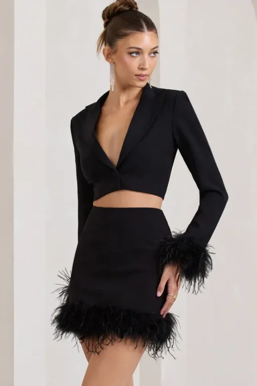 Tempting | Black Cropped Blazer With Feather Trim