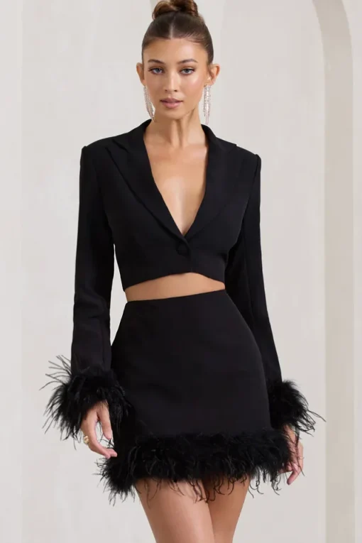 Tempting | Black Cropped Blazer With Feather Trim