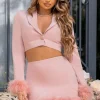 Tempting | Pink Cropped Blazer With Feather Trim On Sleeve Cuff