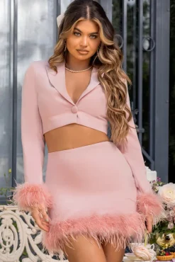 Tempting | Pink Cropped Blazer With Feather Trim On Sleeve Cuff