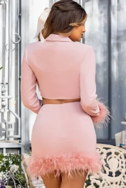 Tempting | Pink Cropped Blazer With Feather Trim On Sleeve Cuff