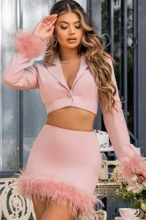 Tempting | Pink Cropped Blazer With Feather Trim On Sleeve Cuff