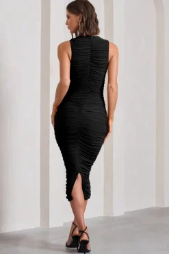 Tempting Fate | Black Ruched Bodycon V-Neck Maxi Dress