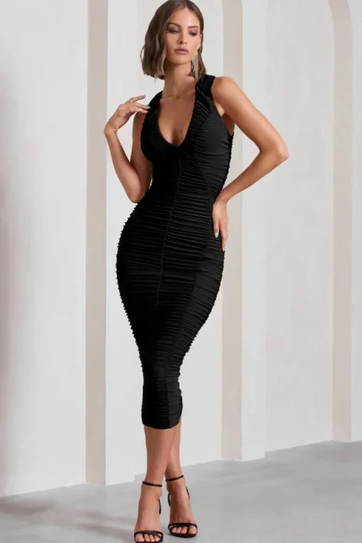 Tempting Fate | Black Ruched Bodycon V-Neck Maxi Dress