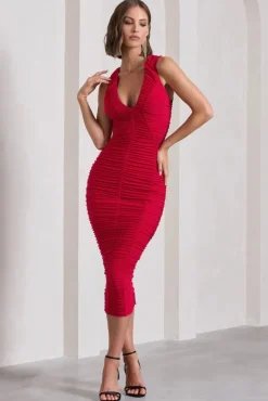 Tempting Fate | Red Ruched Bodycon V-Neck Maxi Dress