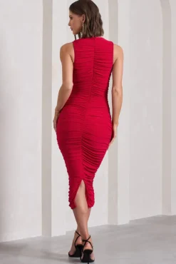 Tempting Fate | Red Ruched Bodycon V-Neck Maxi Dress