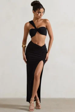 Tender Kiss | Black High Waist Thigh Split Maxi Skirt
