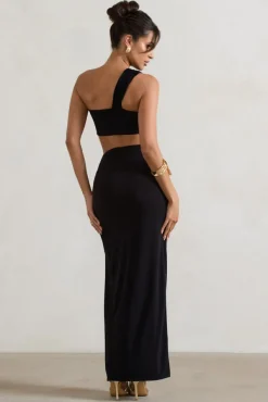 Tender Kiss | Black High Waist Thigh Split Maxi Skirt