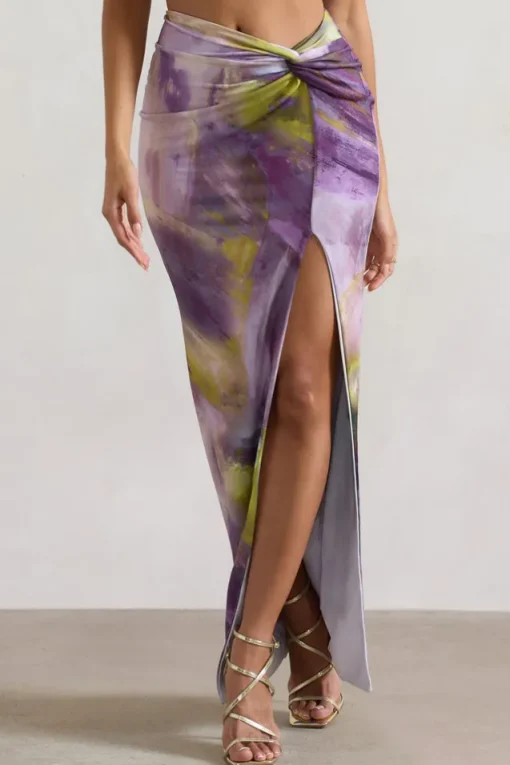 Tender Kiss | Lilac Print Knot Split Maxi Skirt